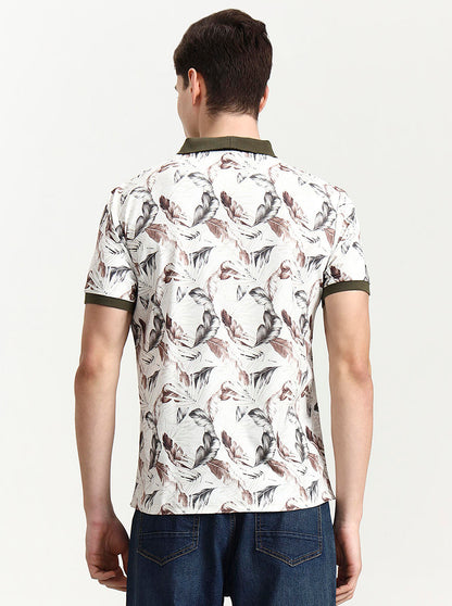 Olive Green Printed Slim Fit Polo T-Shirt | JadeBlue
