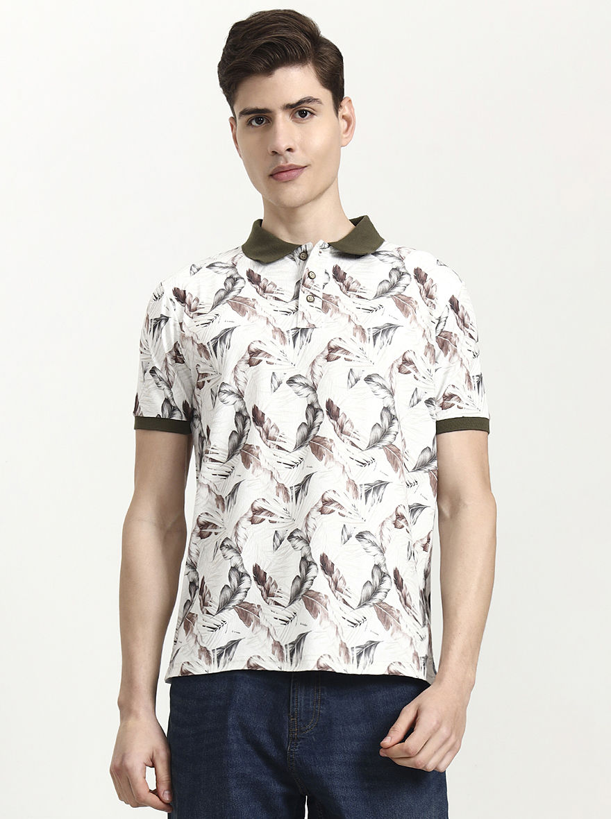 Olive Green Printed Slim Fit Polo T-Shirt | JadeBlue