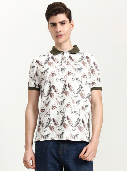 Olive Green Printed Slim Fit Polo T-Shirt | JadeBlue