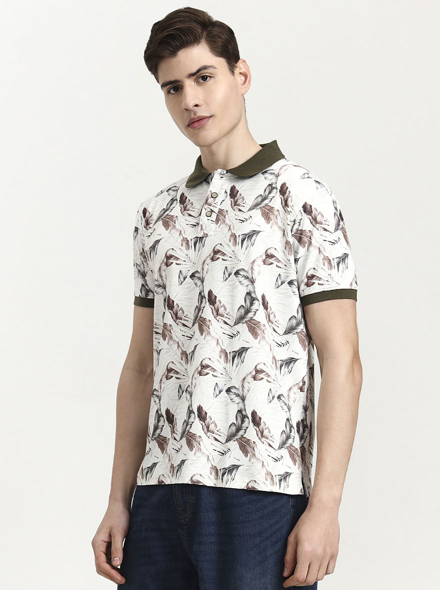 Olive Green Printed Slim Fit Polo T-Shirt | JadeBlue