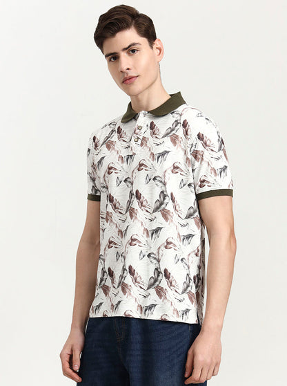 Olive Green Printed Slim Fit Polo T-Shirt | JadeBlue