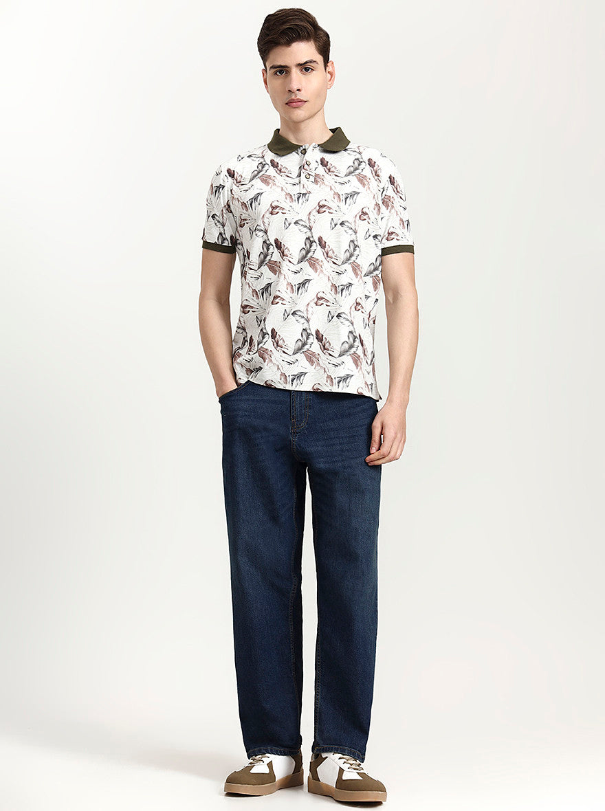 Olive Green Printed Slim Fit Polo T-Shirt | JadeBlue