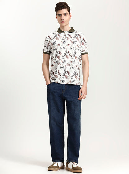Olive Green Printed Slim Fit Polo T-Shirt | JadeBlue