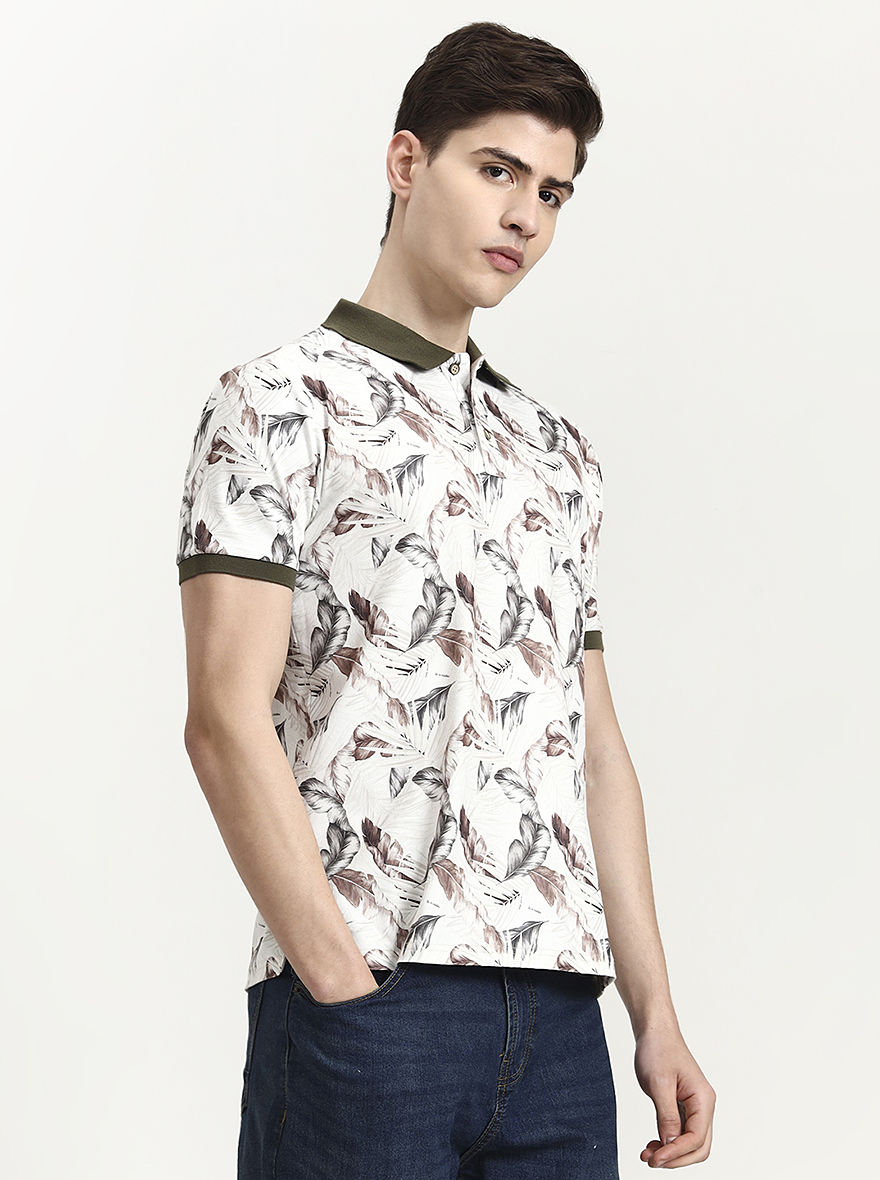 Olive Green Printed Slim Fit Polo T-Shirt | JadeBlue