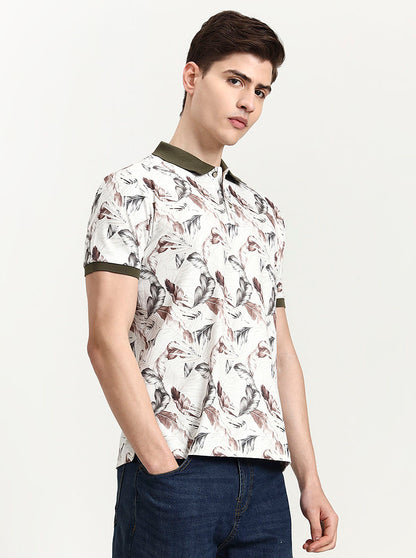 Olive Green Printed Slim Fit Polo T-Shirt | JadeBlue