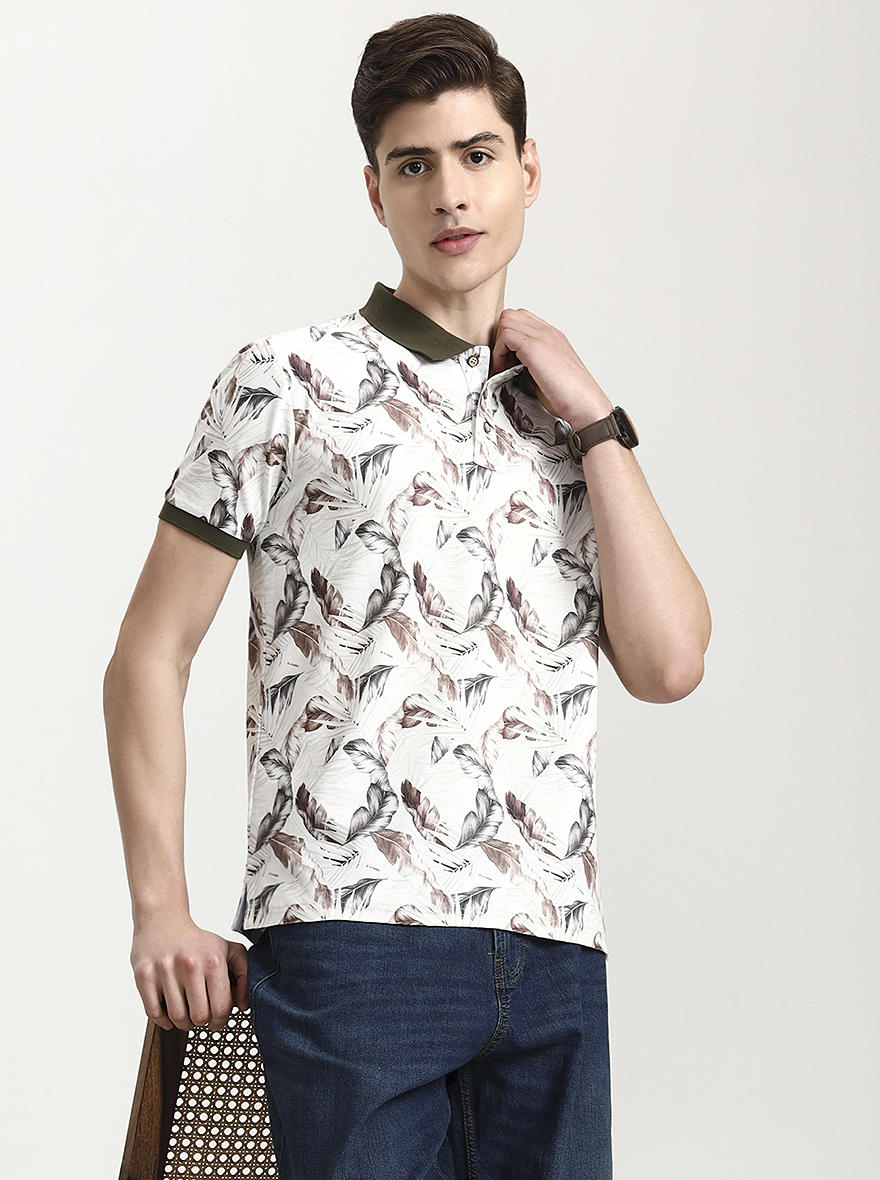 Olive Green Printed Slim Fit Polo T-Shirt | JadeBlue