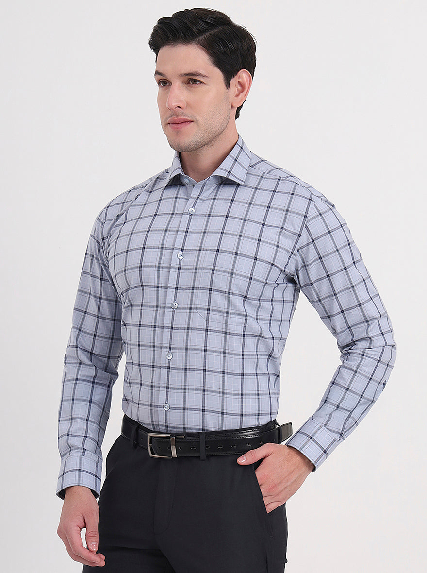 Light Grey & Blue Checked Slim Fit Formal Shirt | Metal
