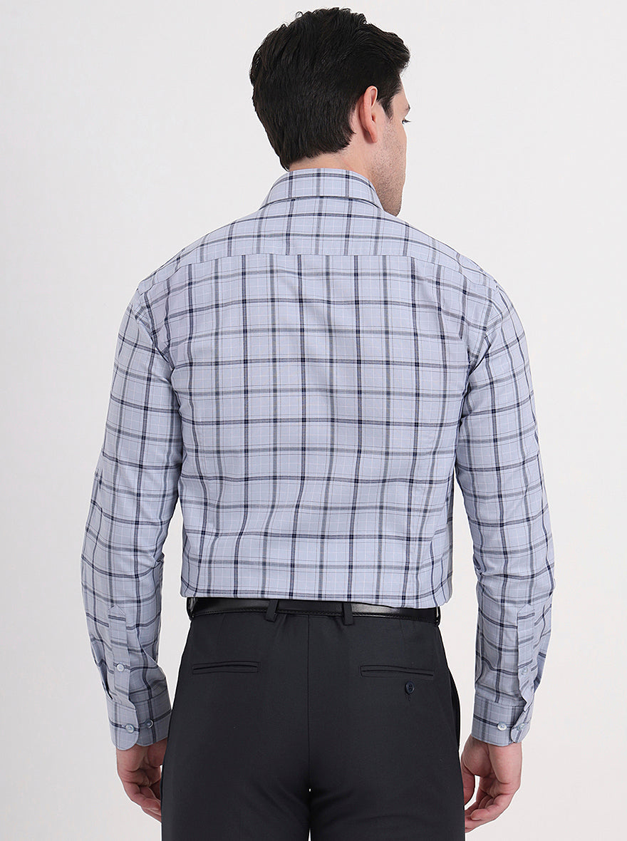 Light Grey & Blue Checked Slim Fit Formal Shirt | Metal