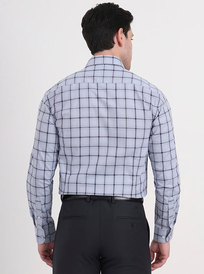 Light Grey & Blue Checked Slim Fit Formal Shirt | Metal