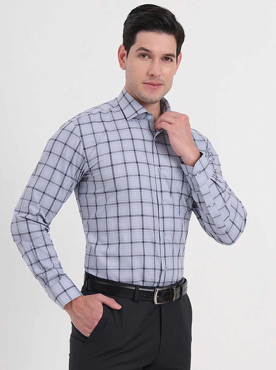 Light Grey & Blue Checked Slim Fit Formal Shirt | Metal