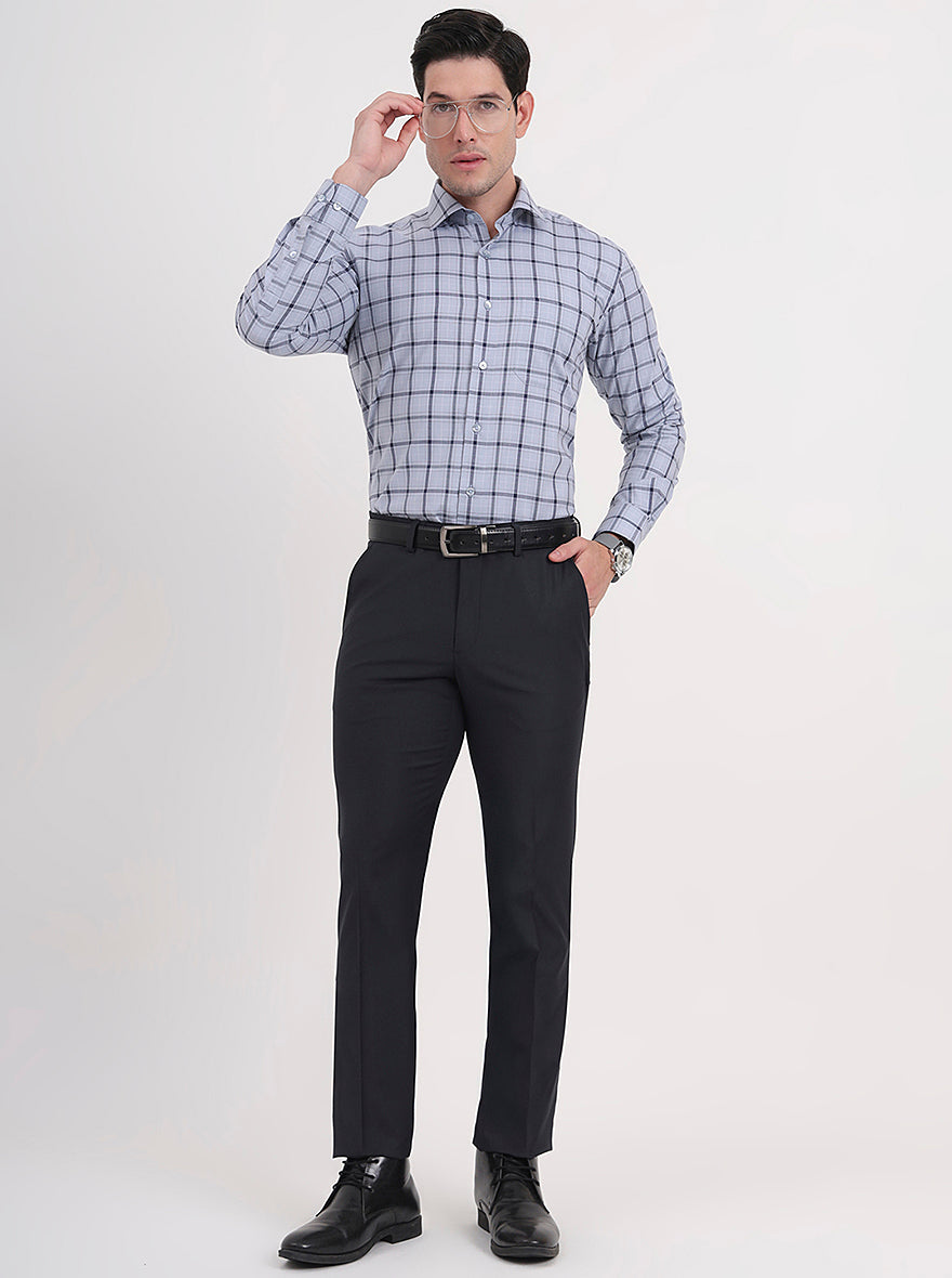 Light Grey & Blue Checked Slim Fit Formal Shirt | Metal