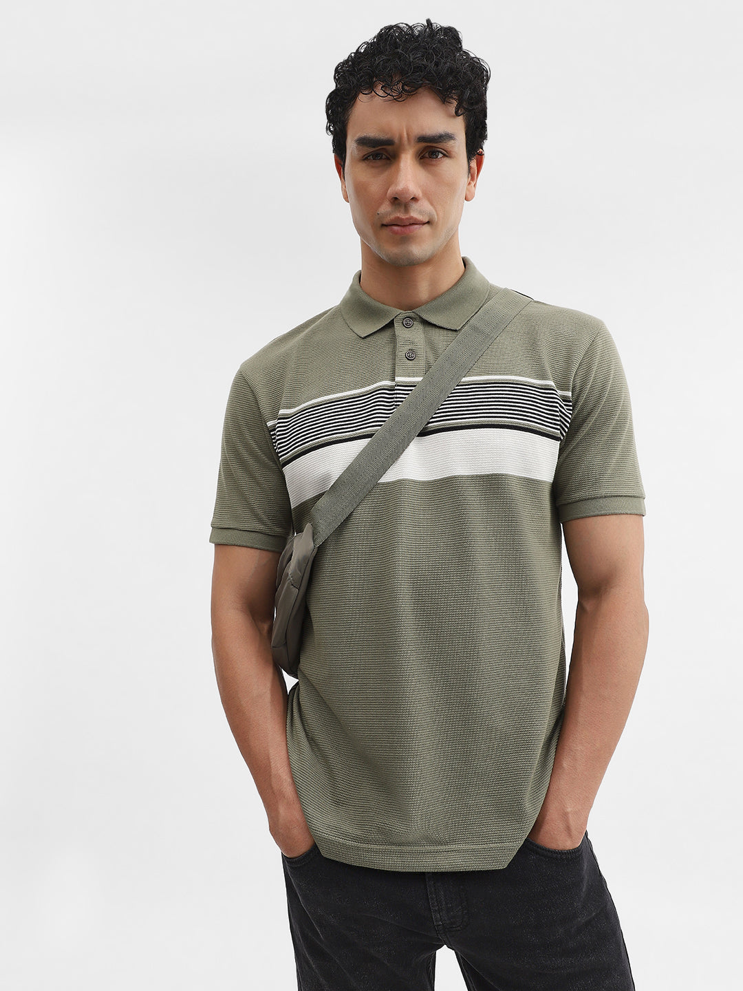 Green & White Striped Slim Fit Polo T-Shirt | Greenfibre