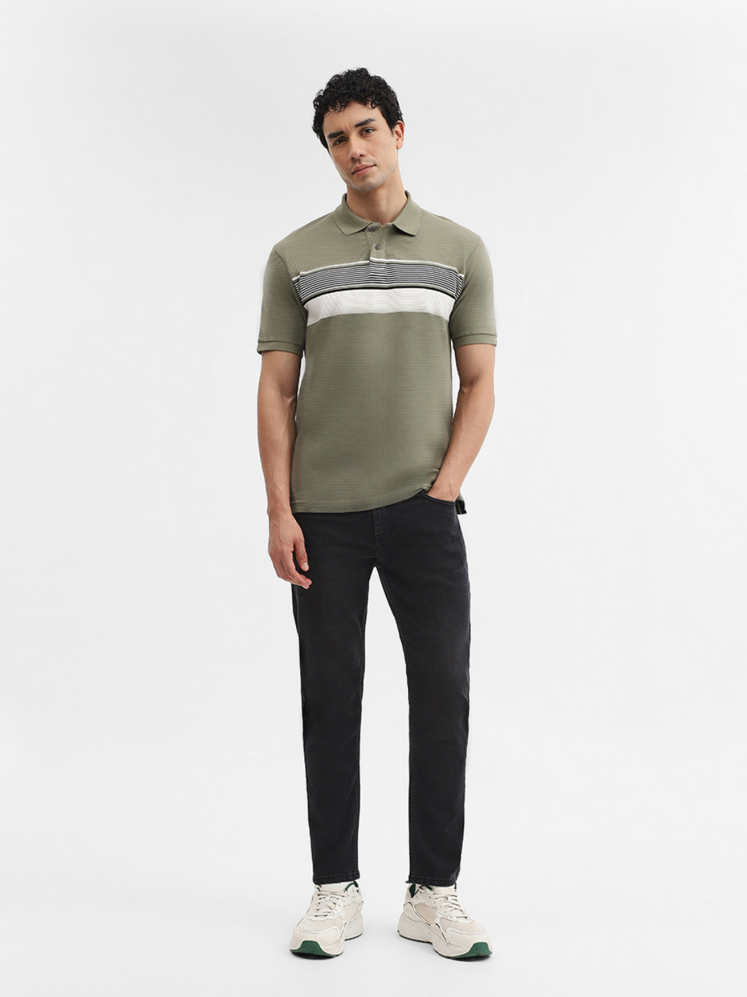 Green & White Striped Slim Fit Polo T-Shirt | Greenfibre