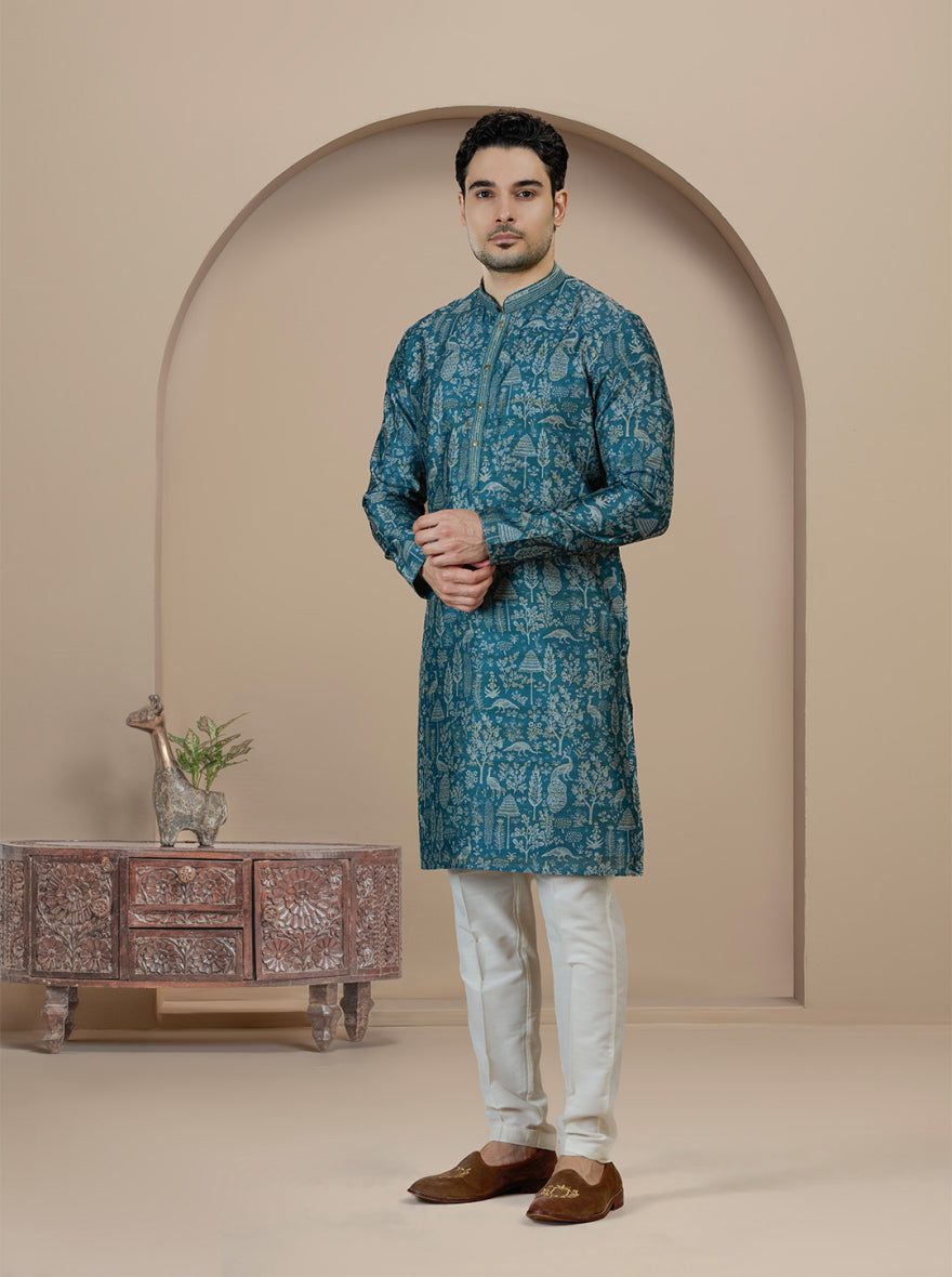 Deep Blue Printed Kurta Pajama | Virasana