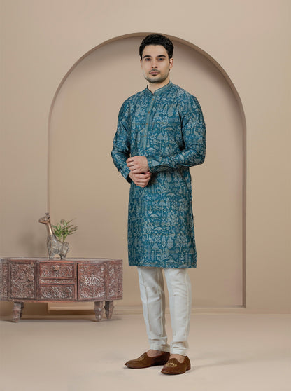Deep Blue Printed Kurta Pajama | Virasana