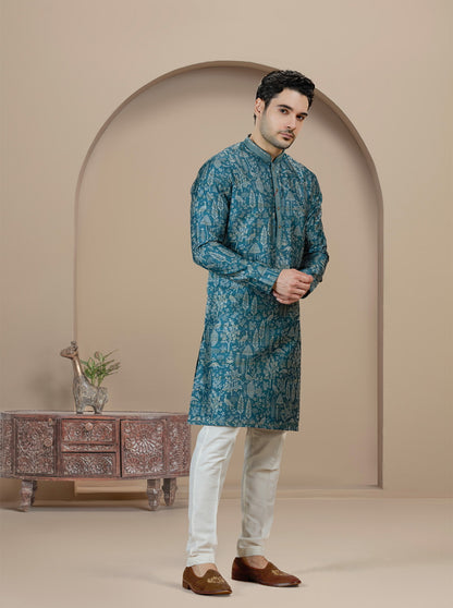 Deep Blue Printed Kurta Pajama | Virasana