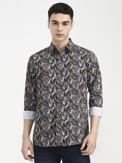 Grey Printed Slim Fit Casual Shirt | JadeBlue