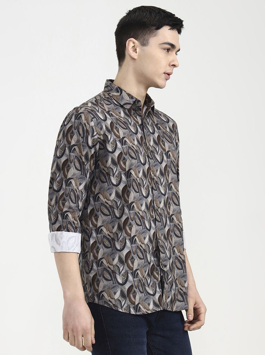 Grey Printed Slim Fit Casual Shirt | JadeBlue