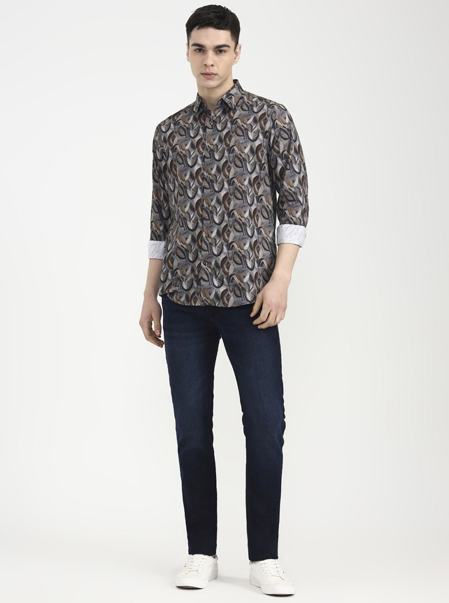 Grey Printed Slim Fit Casual Shirt | JadeBlue