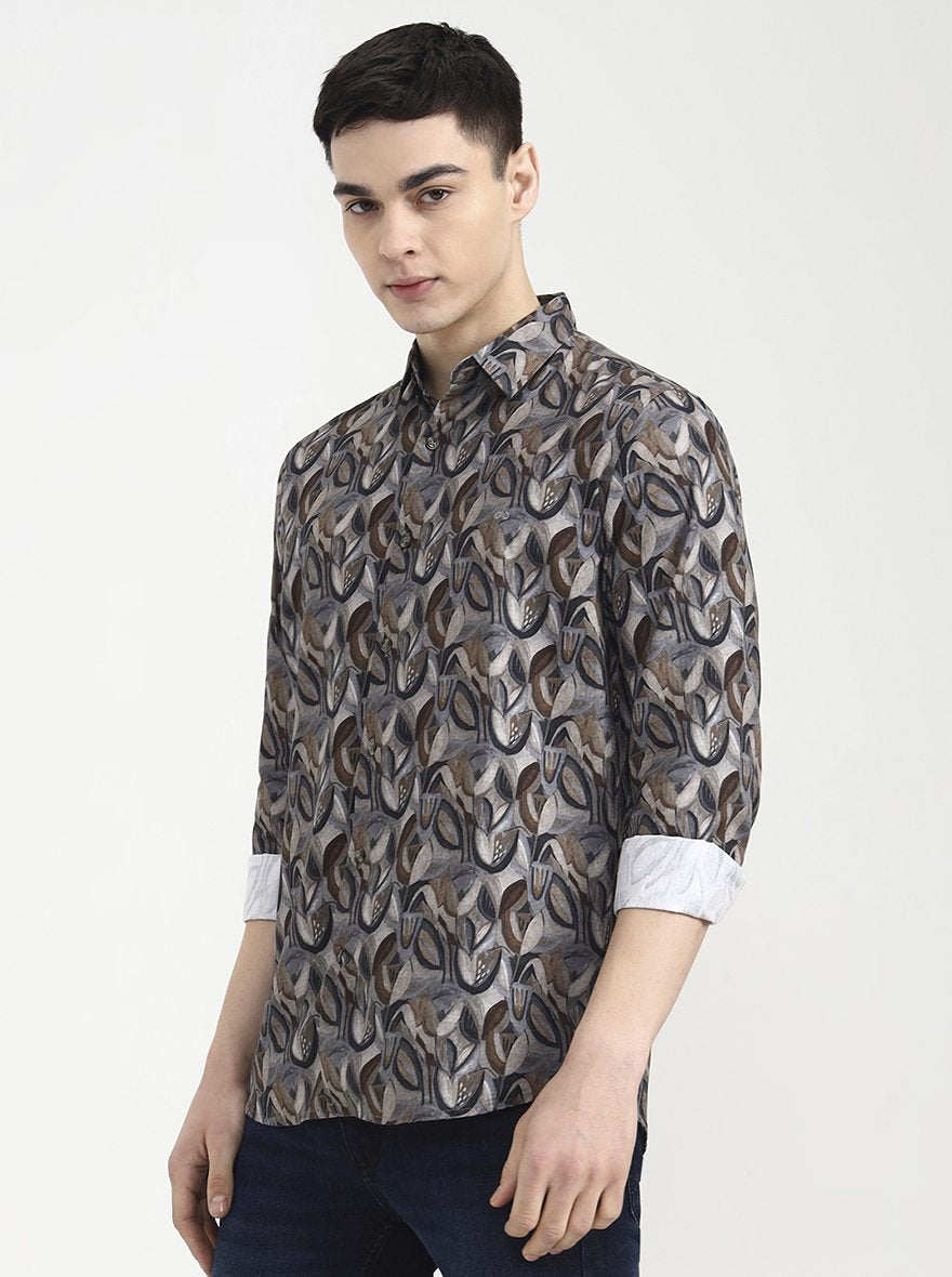 Grey Printed Slim Fit Casual Shirt | JadeBlue