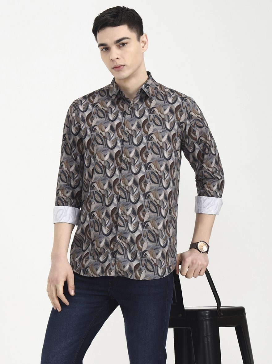 Grey Printed Slim Fit Casual Shirt | JadeBlue