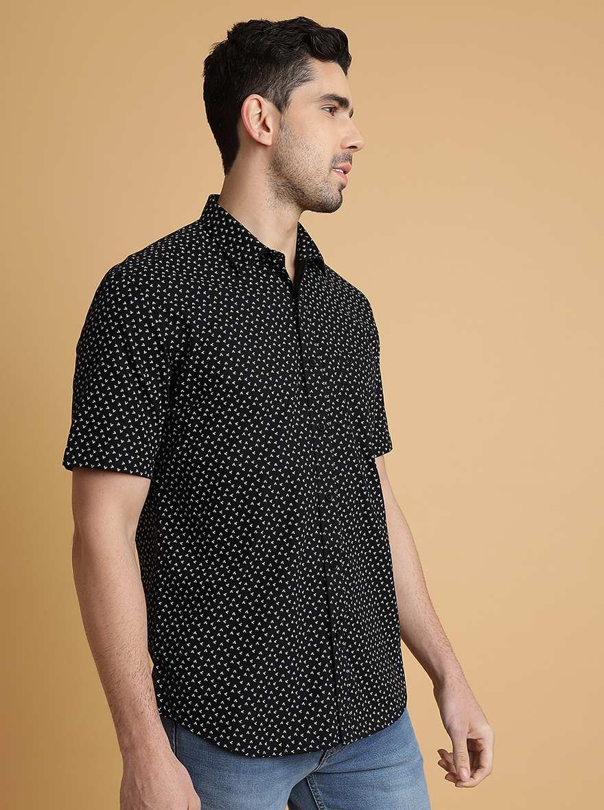 Black Printed Slim Fit Semi Casual Shirt | JadeBlue