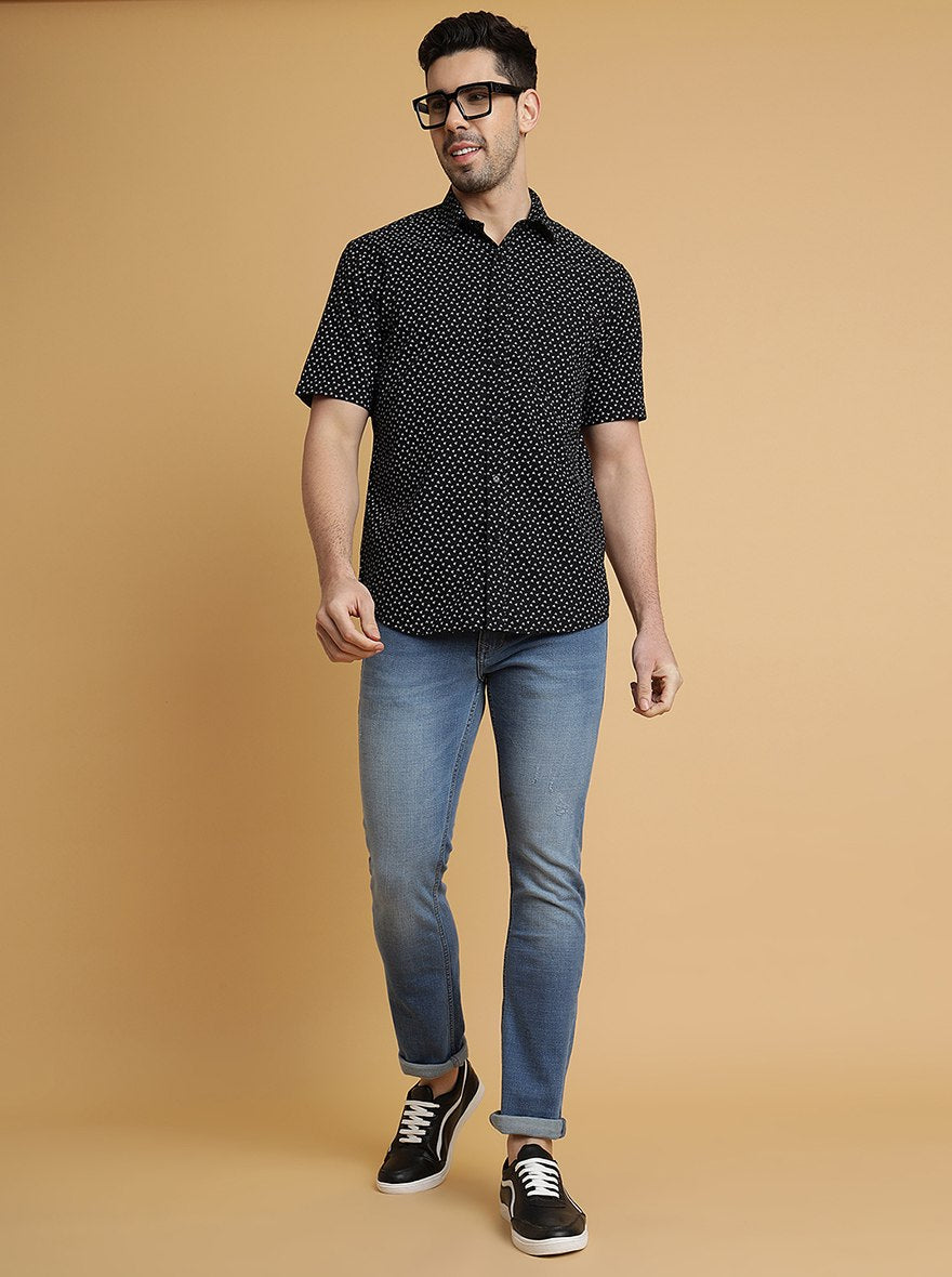 Black Printed Slim Fit Semi Casual Shirt | JadeBlue