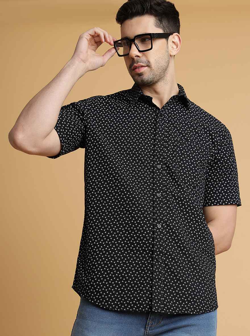 Black Printed Slim Fit Semi Casual Shirt | JadeBlue