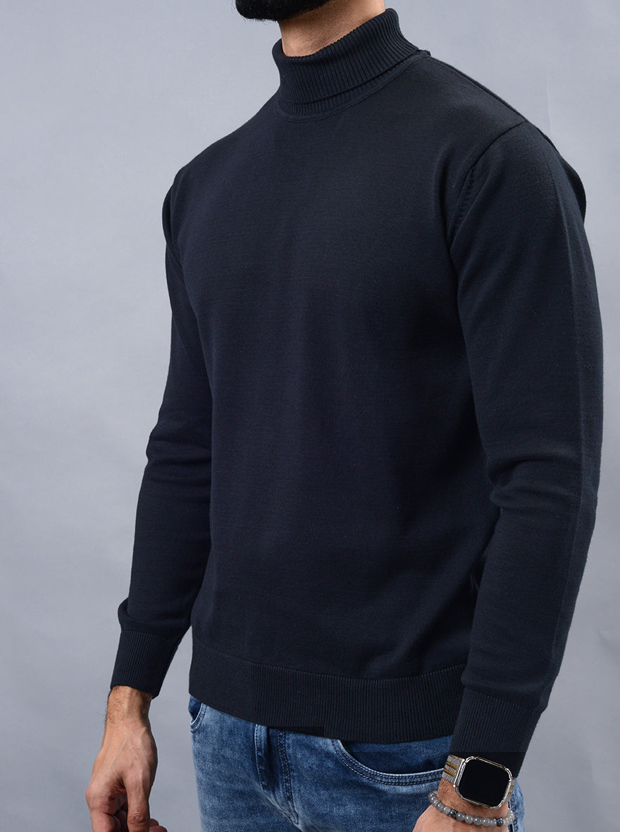 Navy Blue Solid Slim Fit Winter T-Shirt | JadeBlue