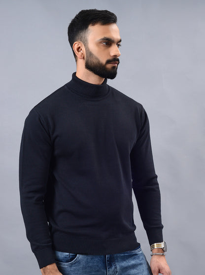 Navy Blue Solid Slim Fit Winter T-Shirt | JadeBlue