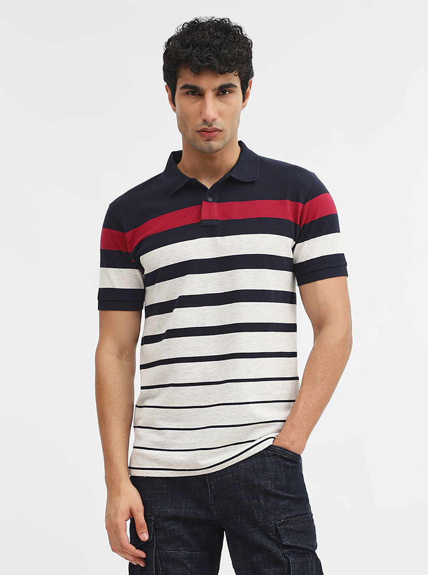 Navy Blue & White Striped Slim Fit Polo T-Shirt | Greenfibre
