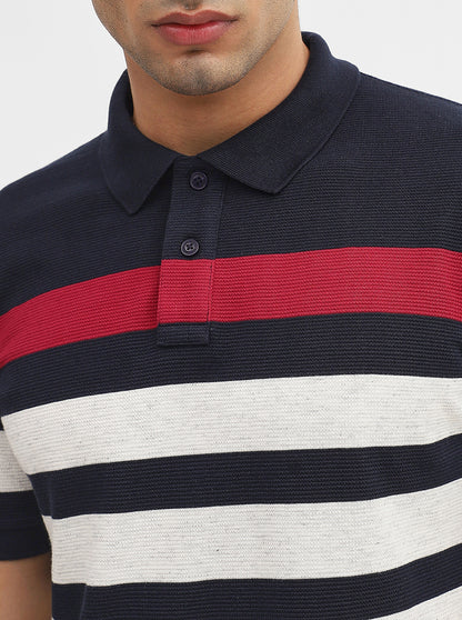 Navy Blue & White Striped Slim Fit Polo T-Shirt | Greenfibre