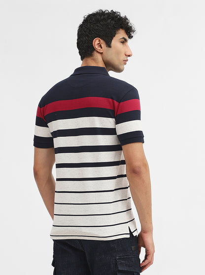 Navy Blue & White Striped Slim Fit Polo T-Shirt | Greenfibre