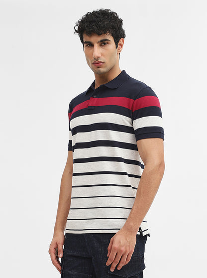 Navy Blue & White Striped Slim Fit Polo T-Shirt | Greenfibre