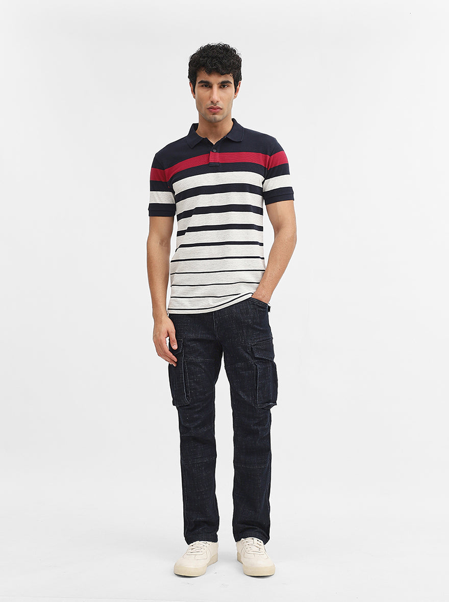 Navy Blue & White Striped Slim Fit Polo T-Shirt | Greenfibre