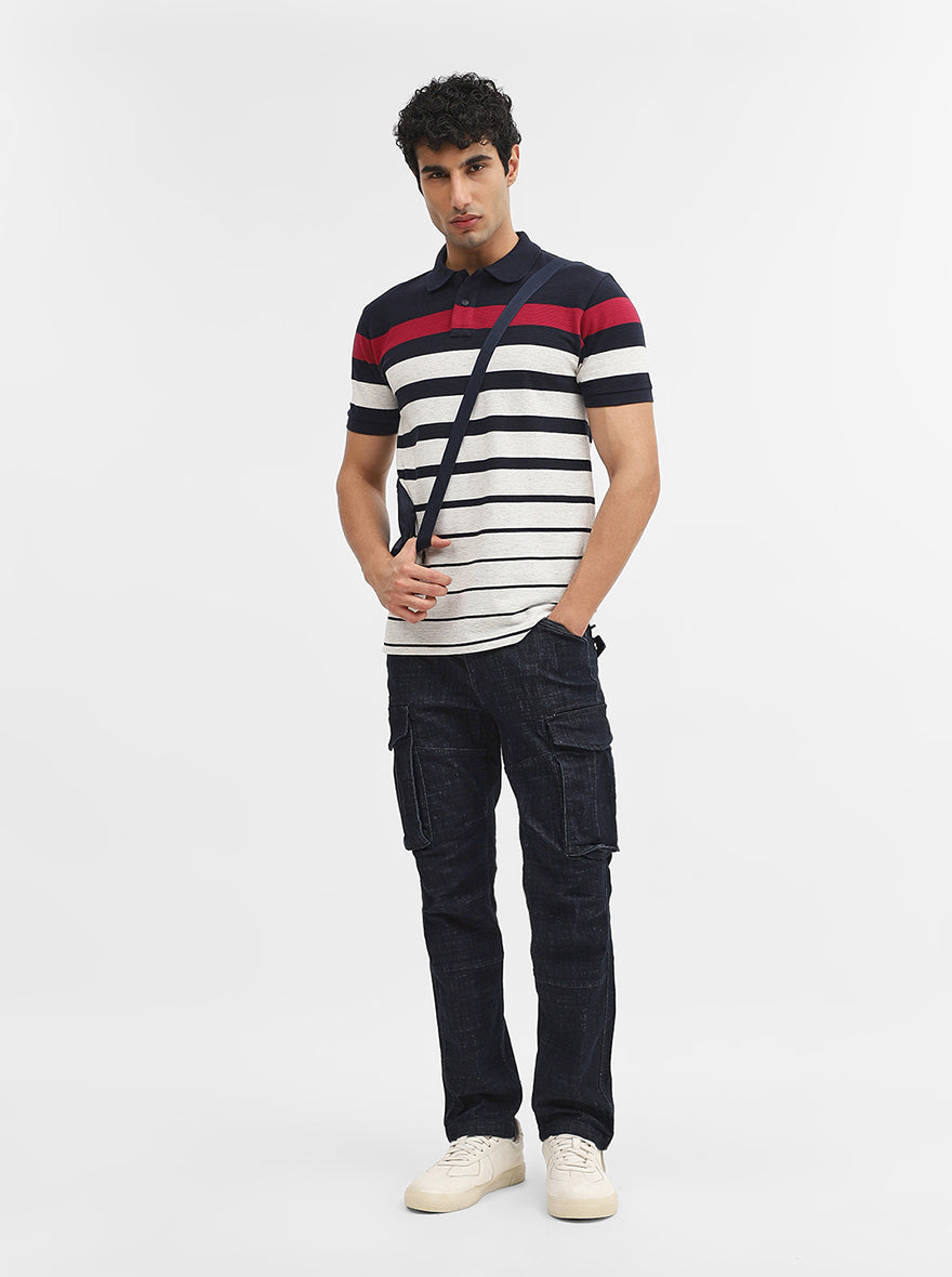 Navy Blue & White Striped Slim Fit Polo T-Shirt | Greenfibre