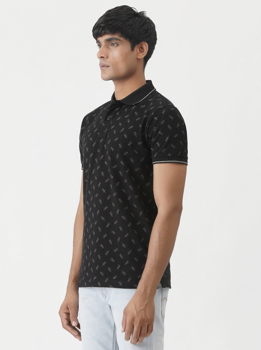 Black Printed Slim Fit Polo T-Shirt | Greenfibre