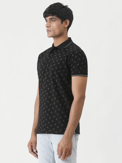 Black Printed Slim Fit Polo T-Shirt | Greenfibre