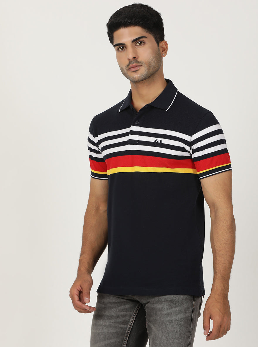 Navy Blue Striped Slim Fit Polo T-Shirt | Greenfibre