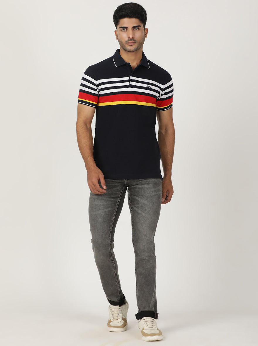 Navy Blue Striped Slim Fit Polo T-Shirt | Greenfibre