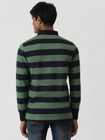 Green Striped Slim Fit Polo T-Shirt | Greenfibre