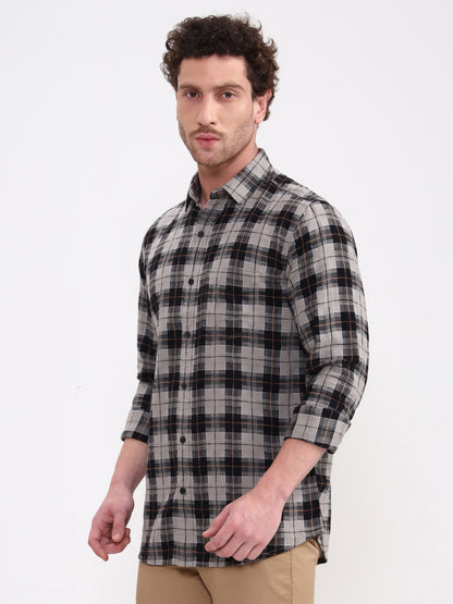 Grey Checked Slim Fit Casual Shirt | JadeBlue