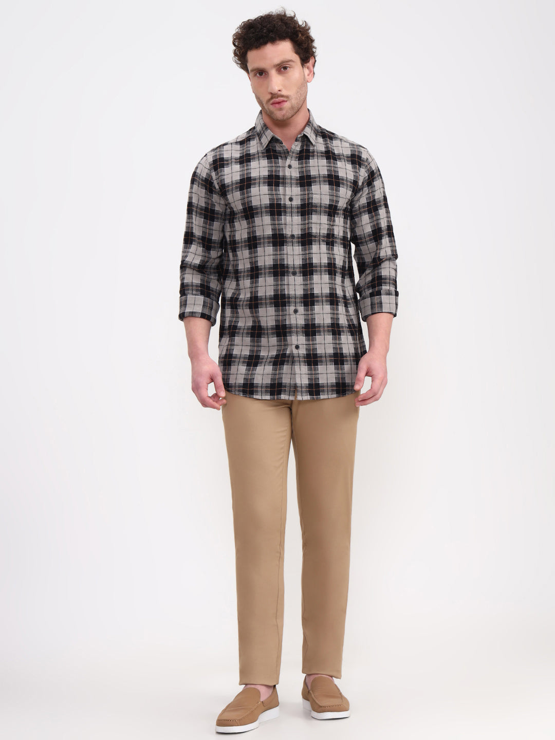 Grey Checked Slim Fit Casual Shirt | JadeBlue