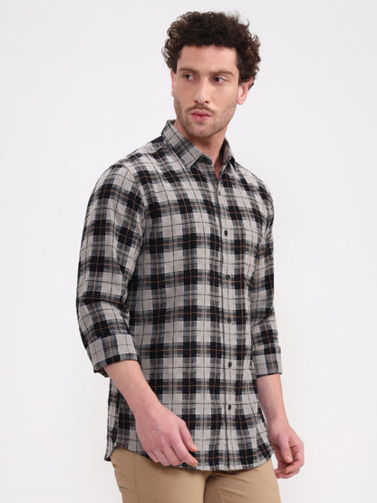 Grey Checked Slim Fit Casual Shirt | JadeBlue