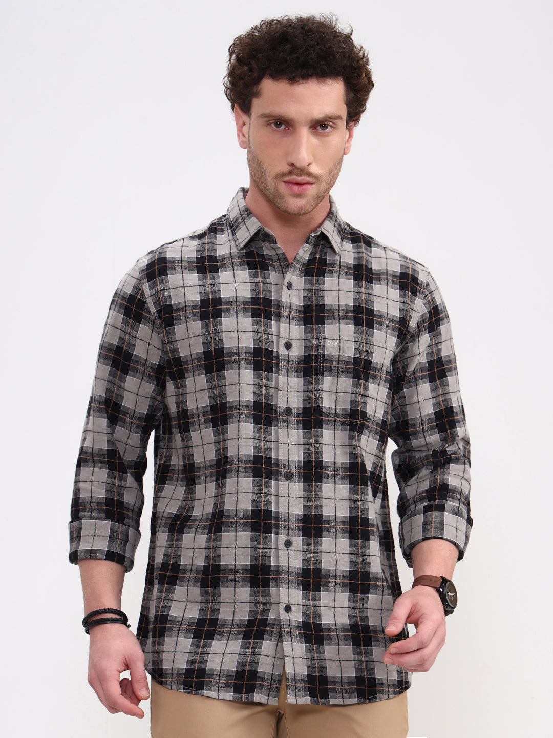 Grey Checked Slim Fit Casual Shirt | JadeBlue
