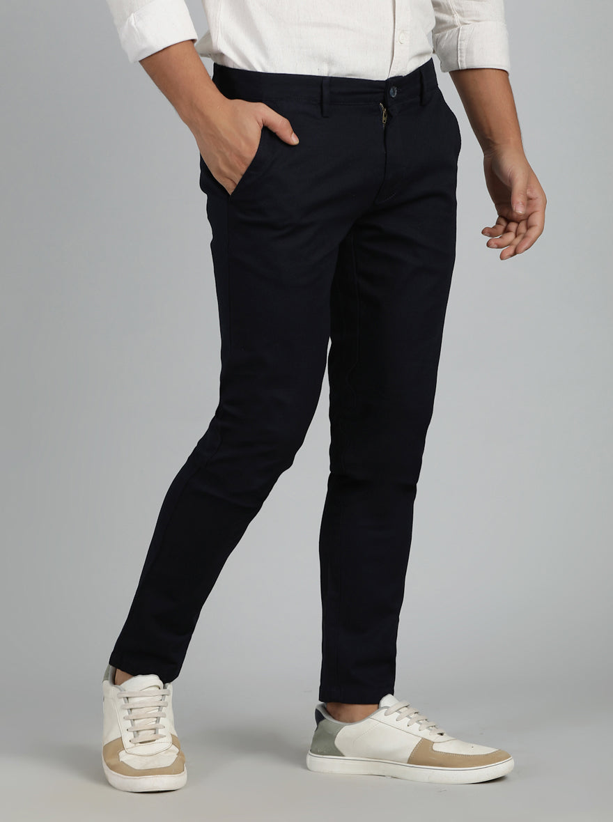 Navy Blue Dobby Super Slim Fit Casual Trouser | Greenfibre
