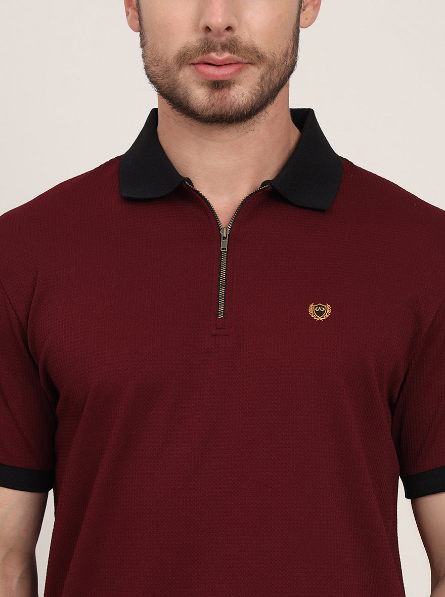 Wine Solid Slim Fit Polo T-Shirt | JadeBlue