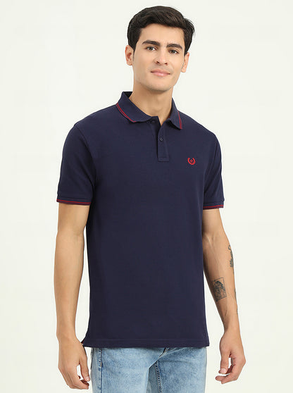 Navy Blue Solid Slim Fit Polo T-Shirt | Greenfibre
