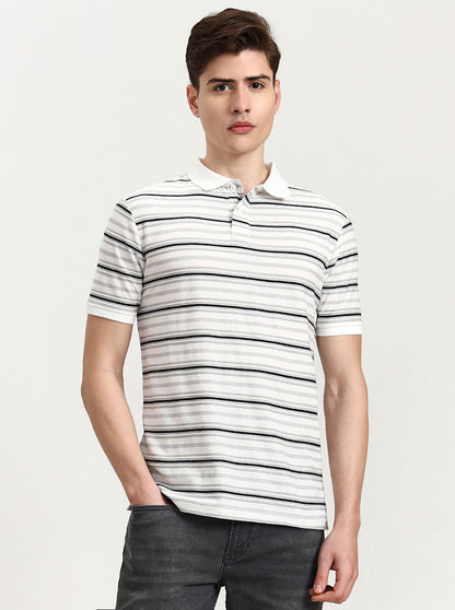 White & Black Striped Slim Fit Polo T-Shirt | Greenfibre