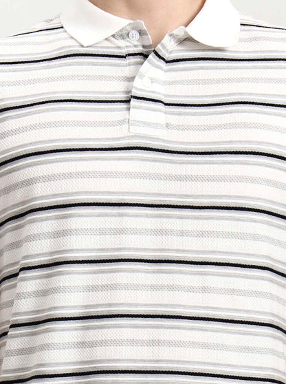 White & Black Striped Slim Fit Polo T-Shirt | Greenfibre